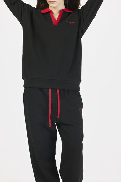 Pique red contrast sweatshirt - Black