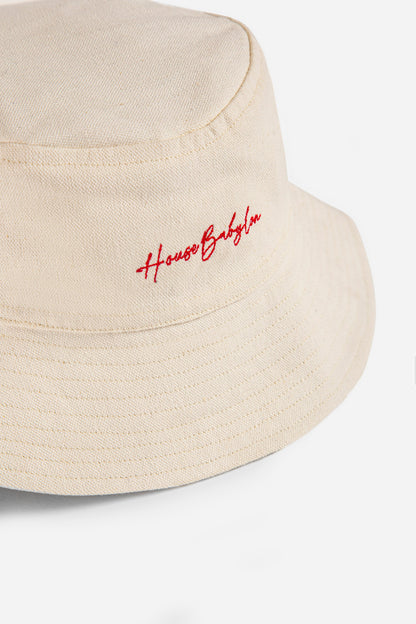 Cream Bucket Hat with Red Monogram