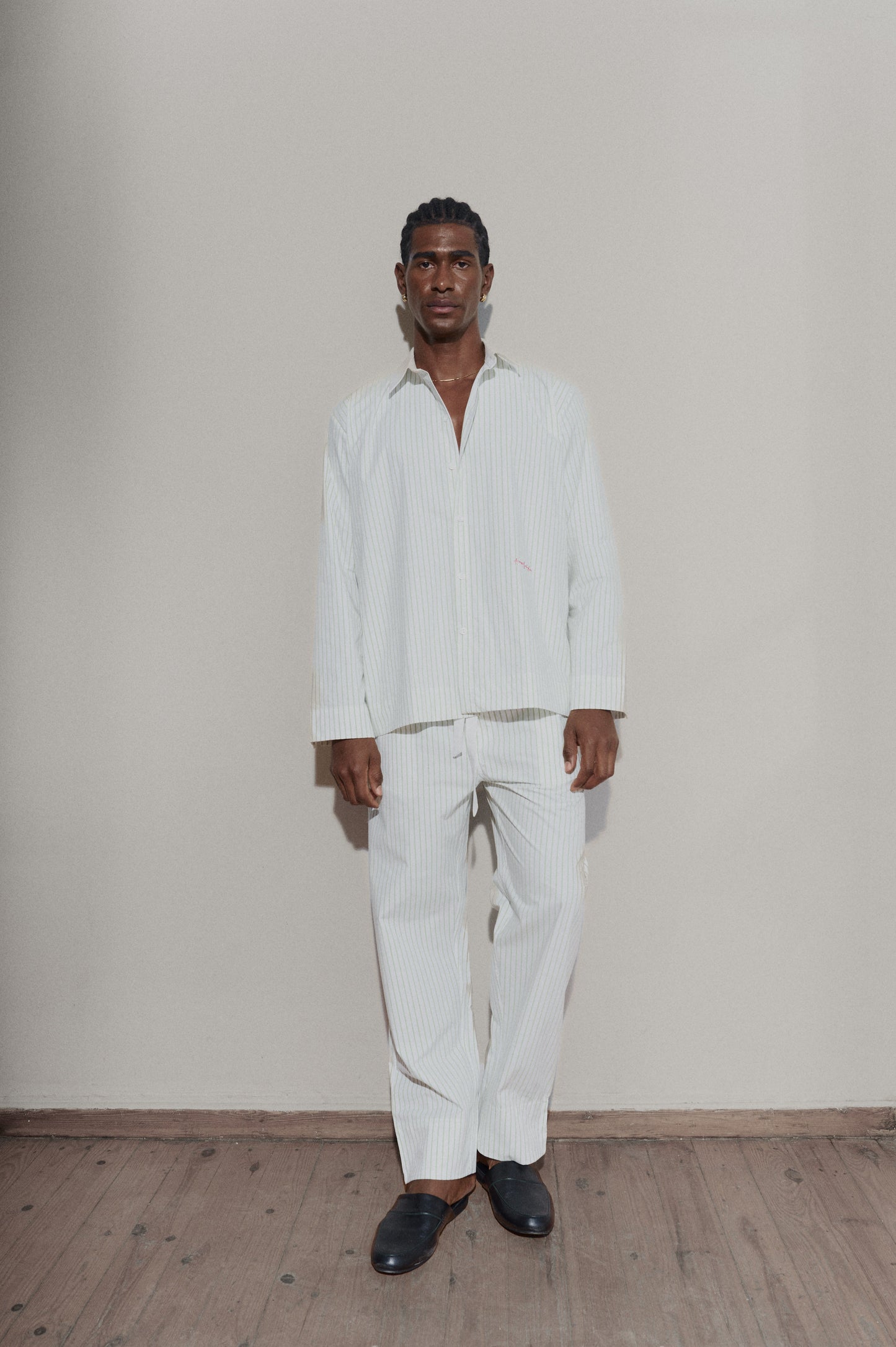 Pinstripe shirt- Laurel Green